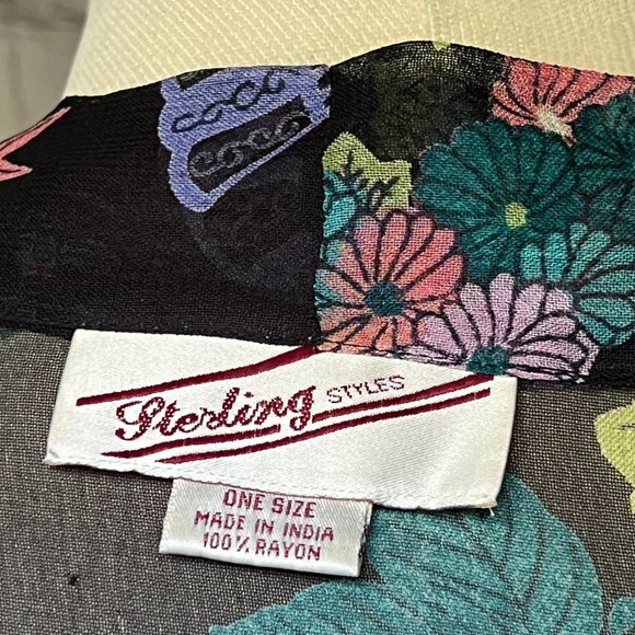 Vintage Sensu Fan Floral Print Sheer Chiffon Rayon Open Front Kimono Jacket - Picture 4 of 5